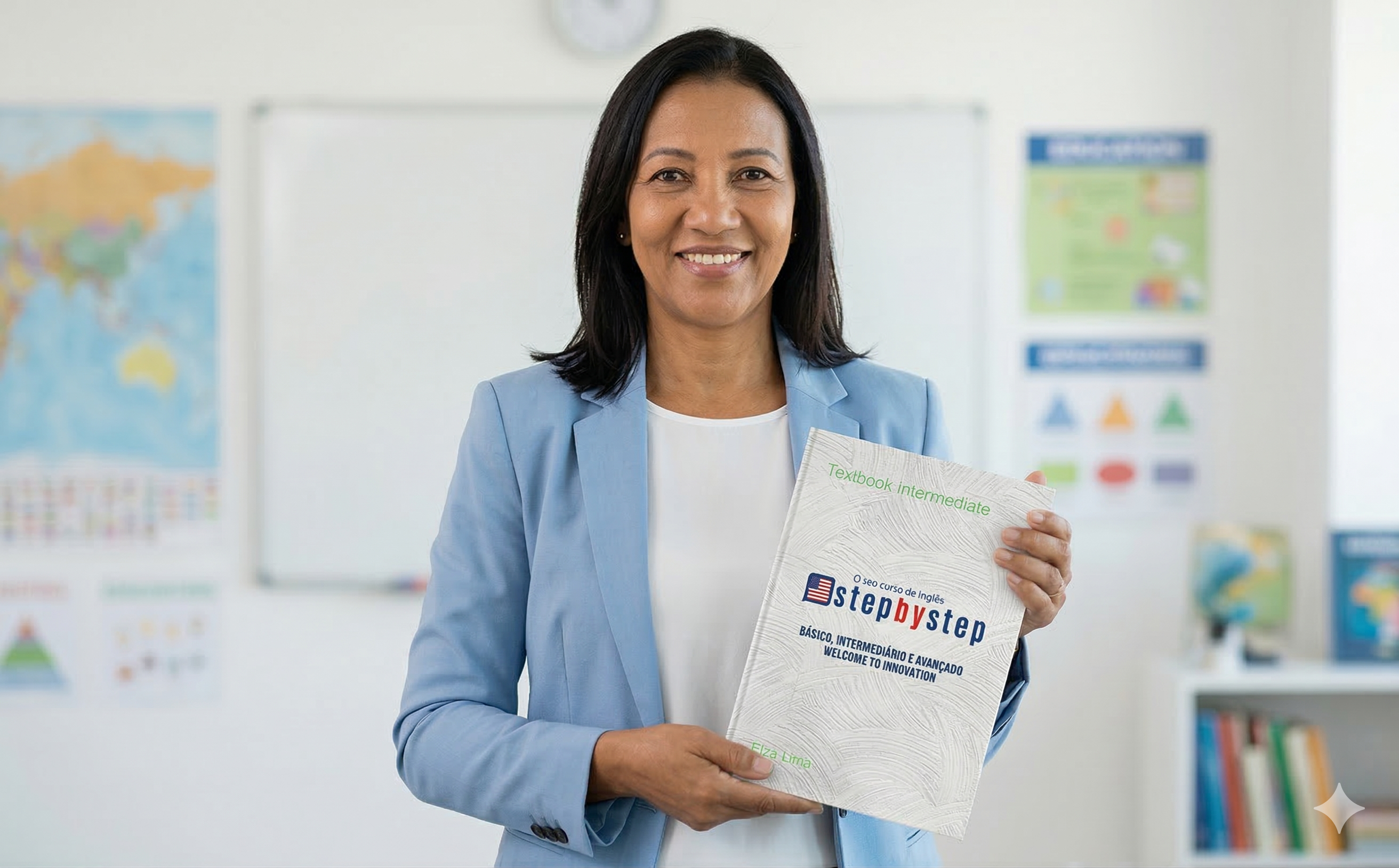 Teacher sorrindo e segurando material didatico